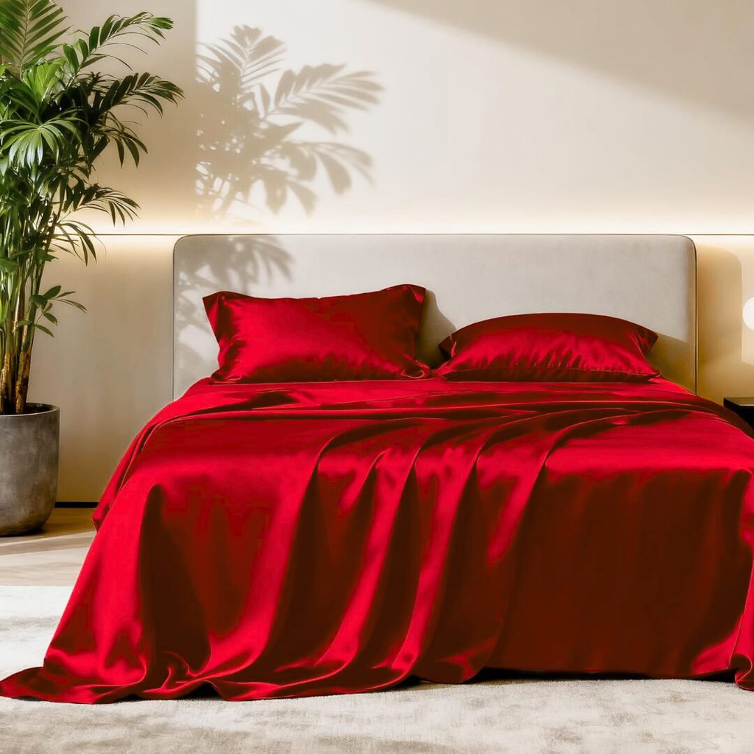 Scarlet red (2) 𝐒𝐚𝐭𝐢𝐧 𝐒𝐢𝐥𝐤 𝐁𝐞𝐝𝐬𝐡𝐞𝐞𝐭 - Image 1